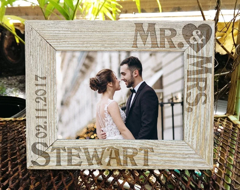 Personalized Mr & Mrs Picture Frame Wedding Gift for Newlywed Couple Custom Engraved Rustic Wood Frame Personalized with Last Name  Date