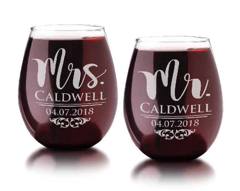 Classy Husband Wife Mr Mrs Anniversary Stemless Wine Glasses Set of 2 Custom Birthday Etched Couples Gift Wine Lover Personalized Wedding