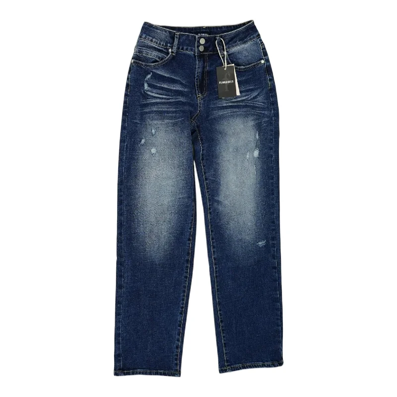 Blue Solid High Rise Straight Leg Jeans