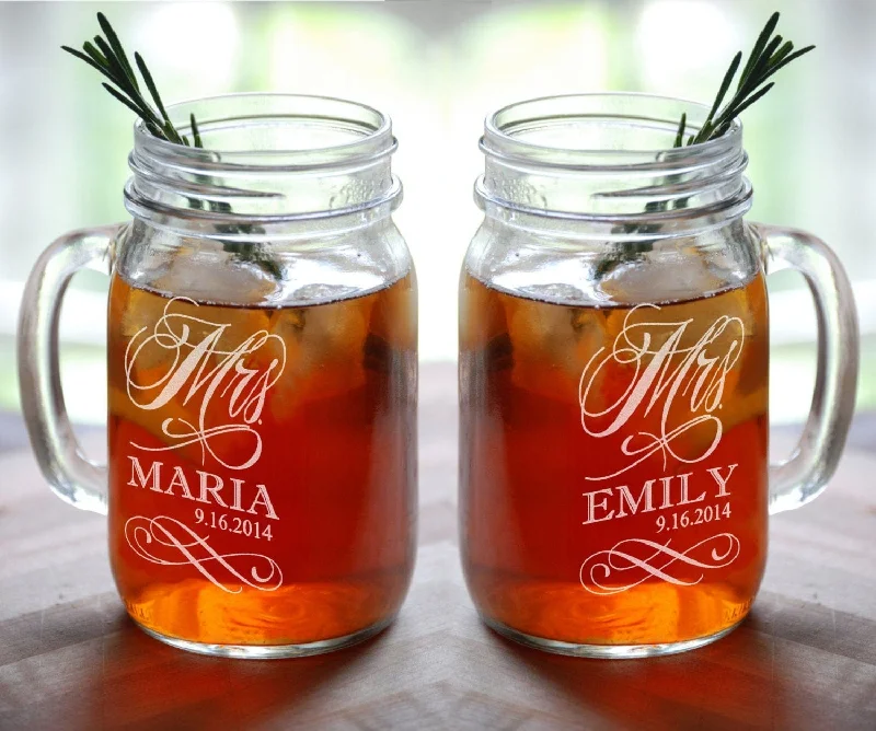 MRS and MRS Personalized Lesbian Wedding Mason Jar  Set of 2 Engraved Her Anniversary Gift Favor Idea Girlfriend Toasting Glass Civil Union