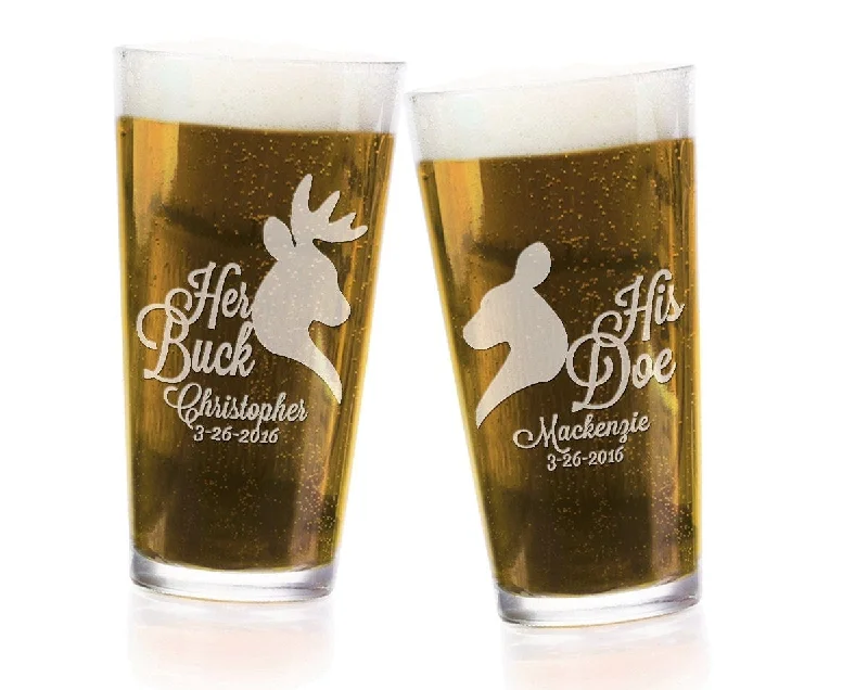 Persaonzlied His Buck Her Doe Engraved Pint Pub Glasses for Country Wedding Favor Beer Mug, Anniversary, Engagement Gift for Groom, Bride