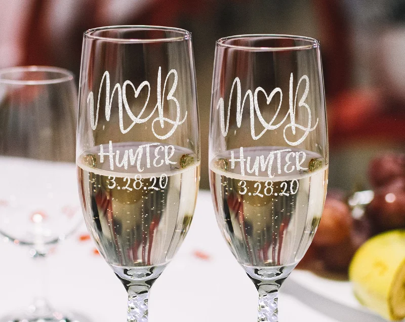 Monogrammed Initials Couples Gift Husband Wife His Her Set of 2 Champagne Wine Glass Engraved Glassware Renew Vows 25th Wedding Anniversary