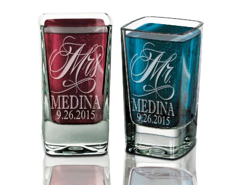 Set of 2 Personalized Wedding Shot Glasses Wedding Gifts Custom Engraved MR & MRS Last Name and a Wedding Date Shot Glass Set Newlywed Gifts