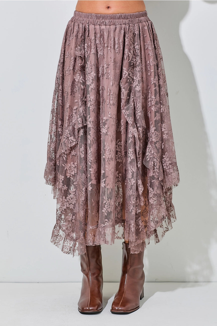 Mauve Elastic Waist Lace Midi Skirt