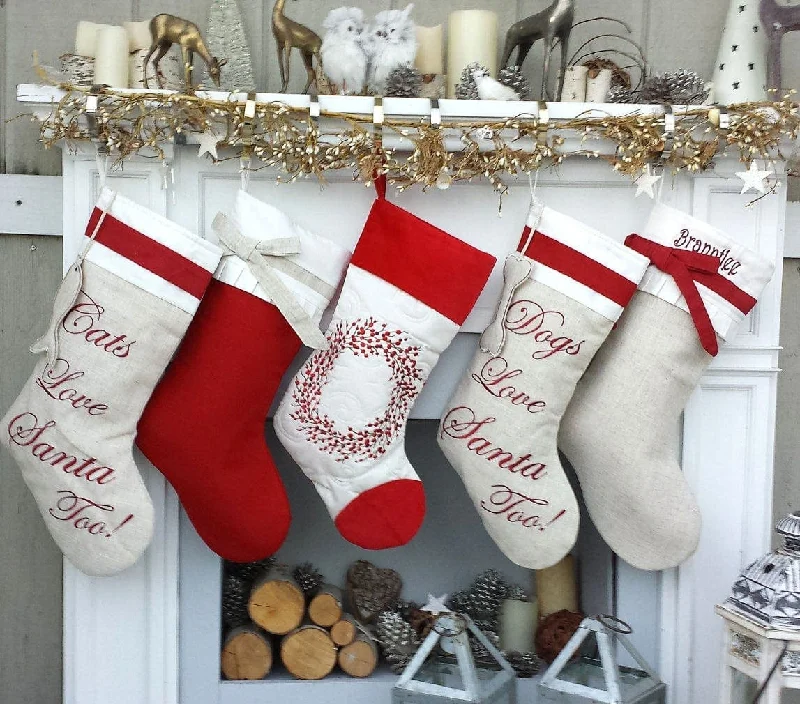 Linen Christmas Stockings Dog Stocking Cat Rustic Chic Embroidered Personalized Holiday Modern Pet Paw Bone Fish Cuff Designer Names