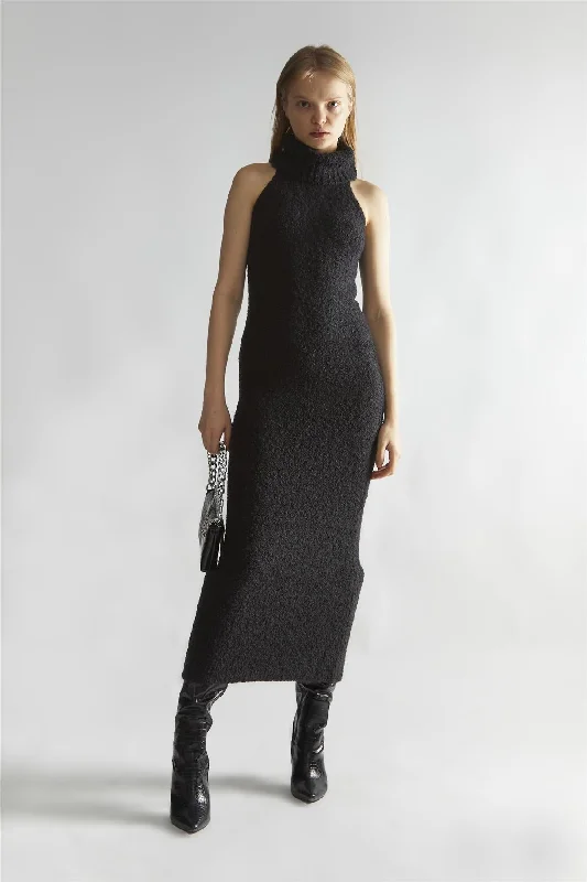 Black Knitted Roll-Neck Maxi-Dress