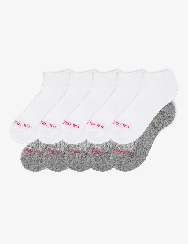 LADIES 10PK WHITE GREY ASSORTED LOW CUT SOCKS