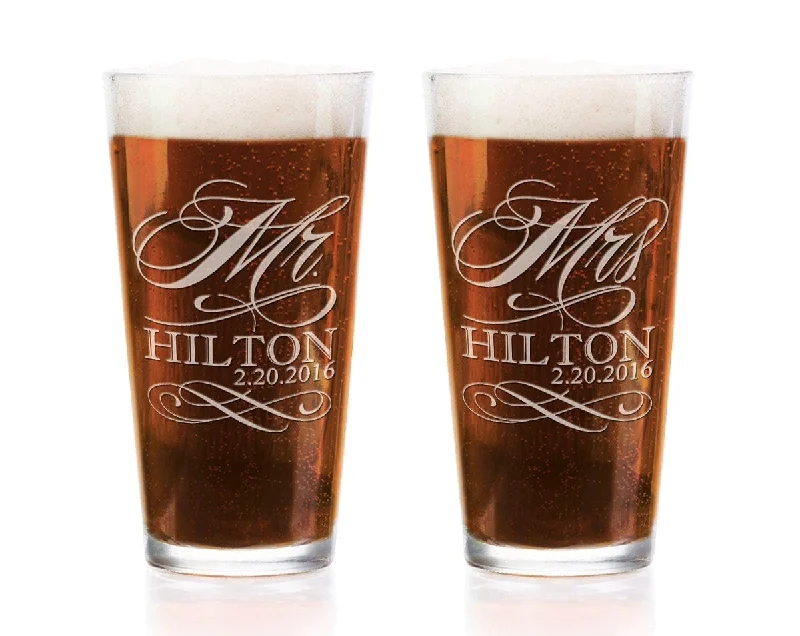 Mr and Mrs Custom Pilsner Pub Glass Set of 2 Pint Glasses for Future Couples Mrs Mr His and Hers New Last Name Beer Mugs Bride Groom Gift