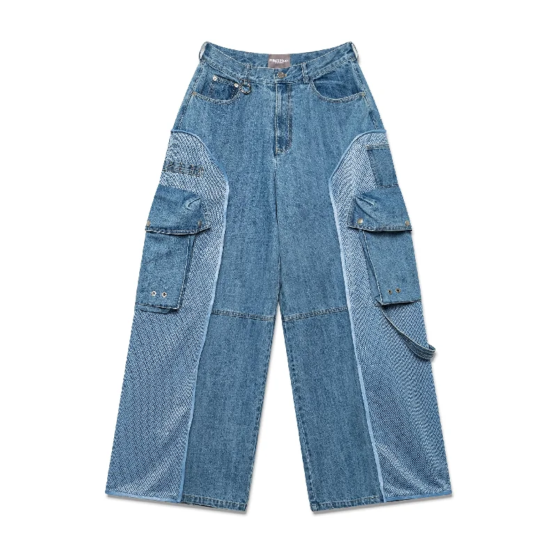 Mesh Combo Cargo Baggie Jeans - Blue