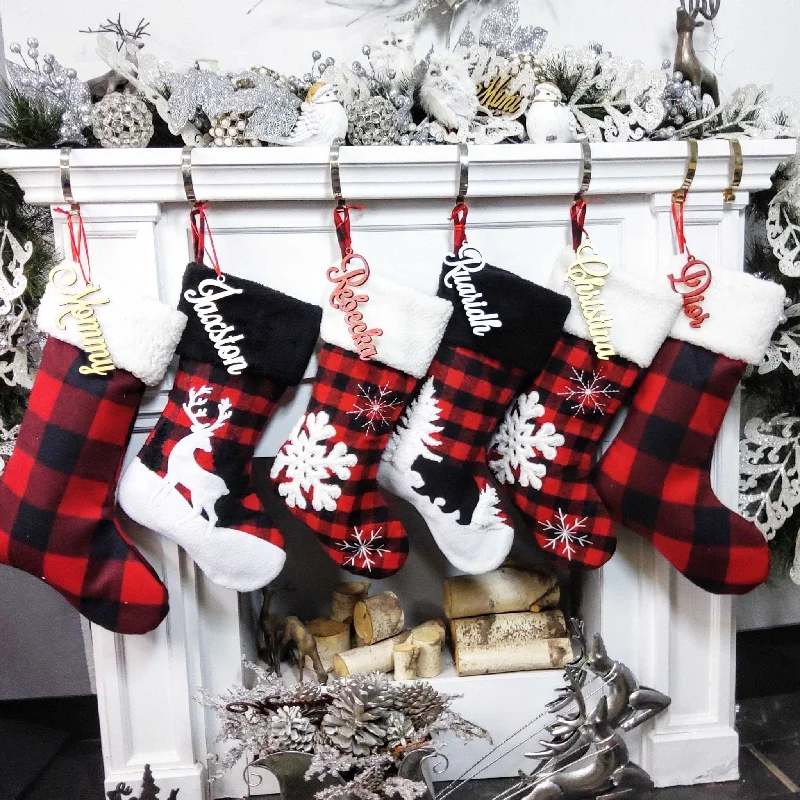 Buffalo Check Plaid Red Black White Faux Fur Lodge Deer Bear Snowflake Personalized Christmas Stockings Family Xmas