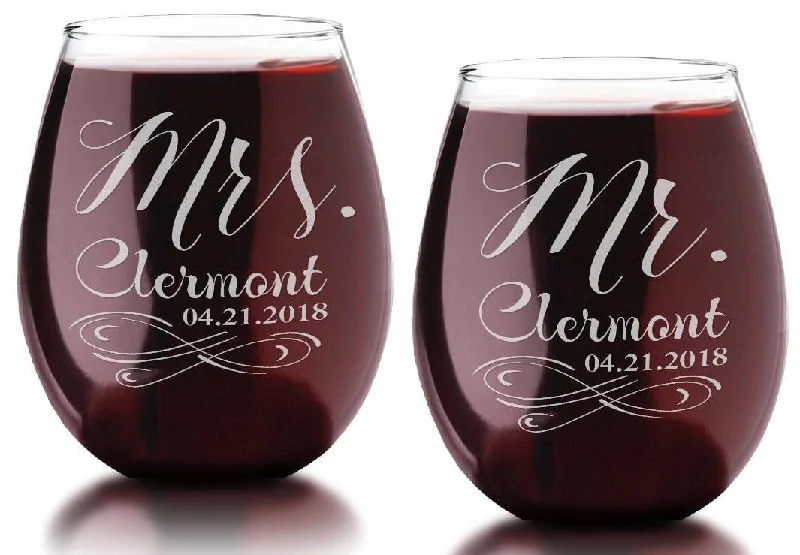 Infinity Mr Mrs Custom Stemless Glass Couples Soon to Be Husband Wife Wedding Gift Favor Newly Married Bride Groom Set of 2 Wine Glasses