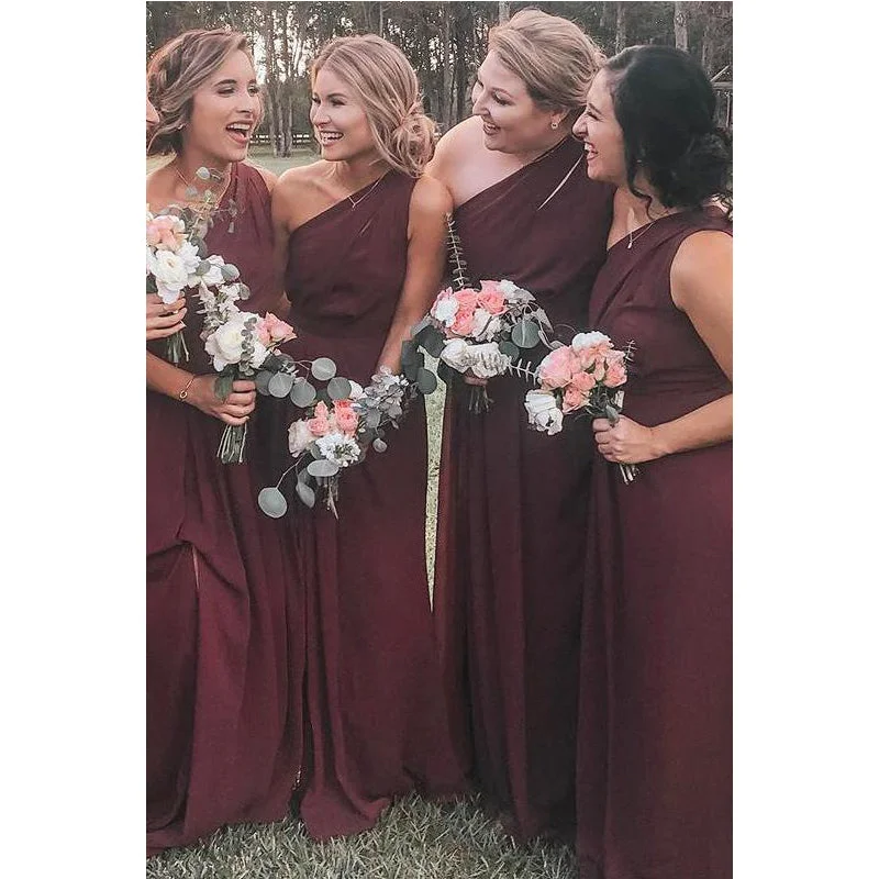 Unique Design Pretty Elegant Formal One Shoulder Burgundy Chiffon Long Bridesmaid Dresses, WG500