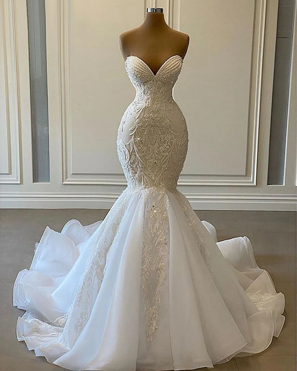 Sexy Sweetheart Mermaid African Wedding Dresses  Luxury Beaded Embroidery Women White Organza Bridal Wedding Gowns