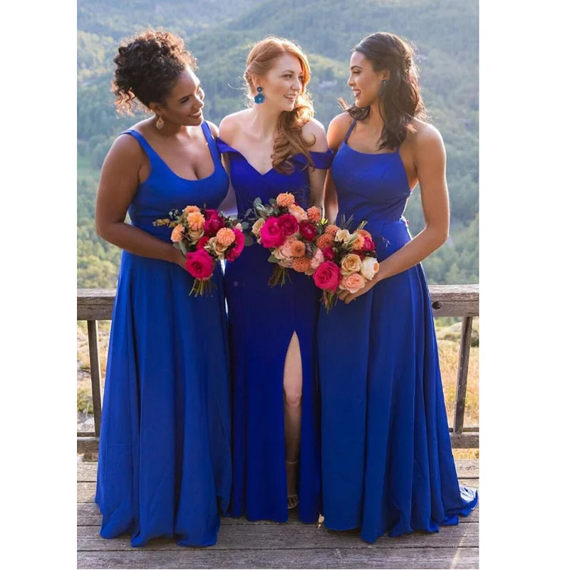 Mismatched Blue Simple Satin Floor-length Modest Inexpensive Bridesmaid Dresses, WG411