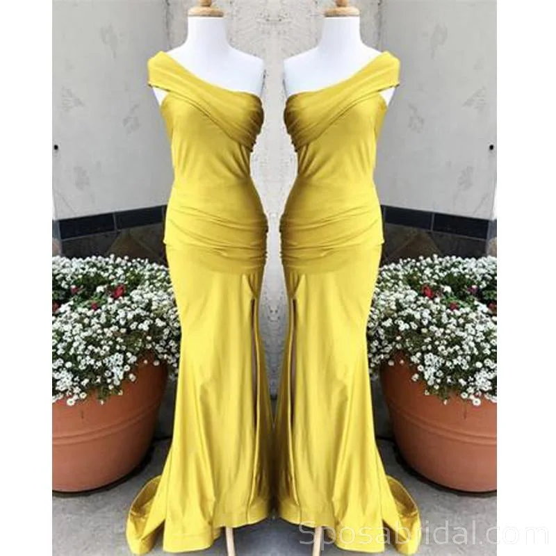 Yellow Elegant Formal One Shoulder High Slit Sexy Mermaid Bridesmaid Dresses, WG543