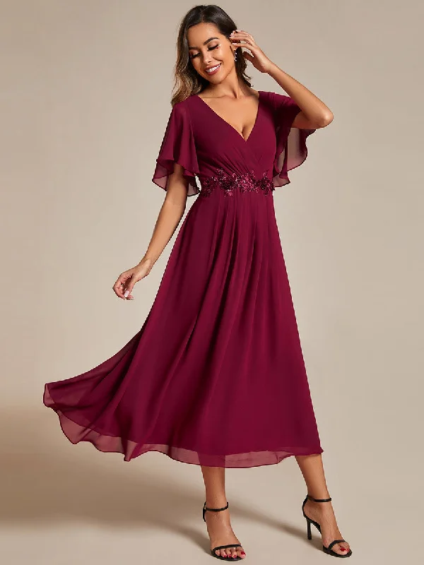 Applique V Neck Tea Length Wedding Guest Dress With Short Sleeves