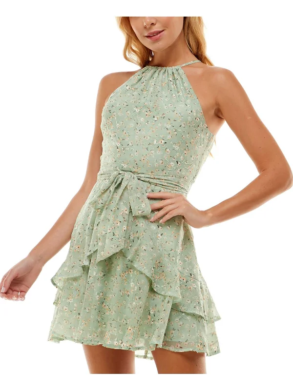 Juniors Womens Floral Print Mini Halter Dress