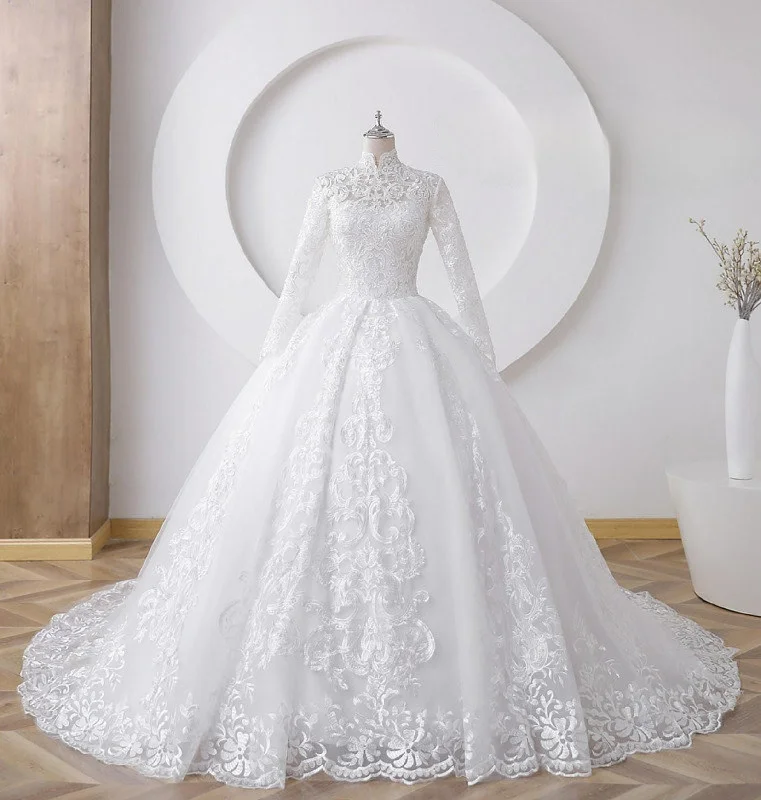 Muslim High-Neck Lace Appliques Long Sleeves Wedding Dress  Ball Gown Floor Length Sweep Train Tulle Exquisite Bridal Gown