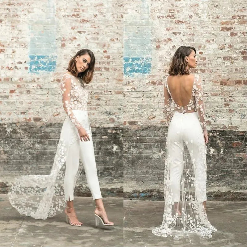 Sexy Open Back Wedding Pant Suits For Brides With Train Applique Lace Long Sleeves Wedding Jumpsuits Women Elegant Formal Dress