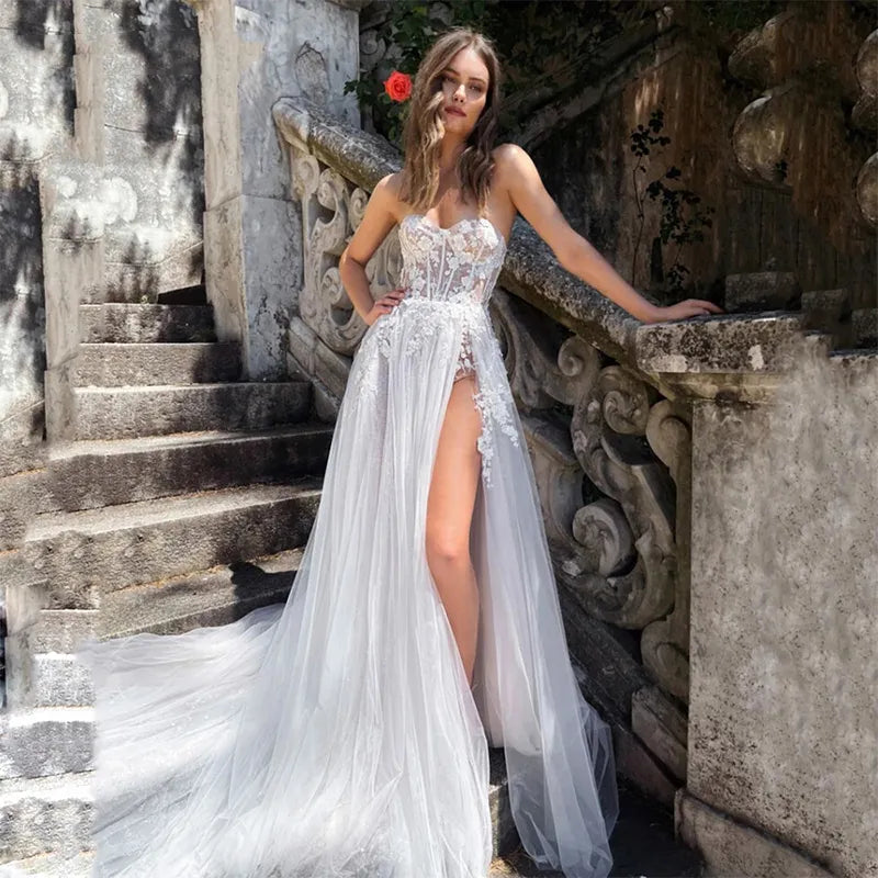 Princess A-Line Lace Appliques Beach Wedding Dress For Women  Bohemian Side Slit Robe De MareFloor length  Sweetheart Sleeveless