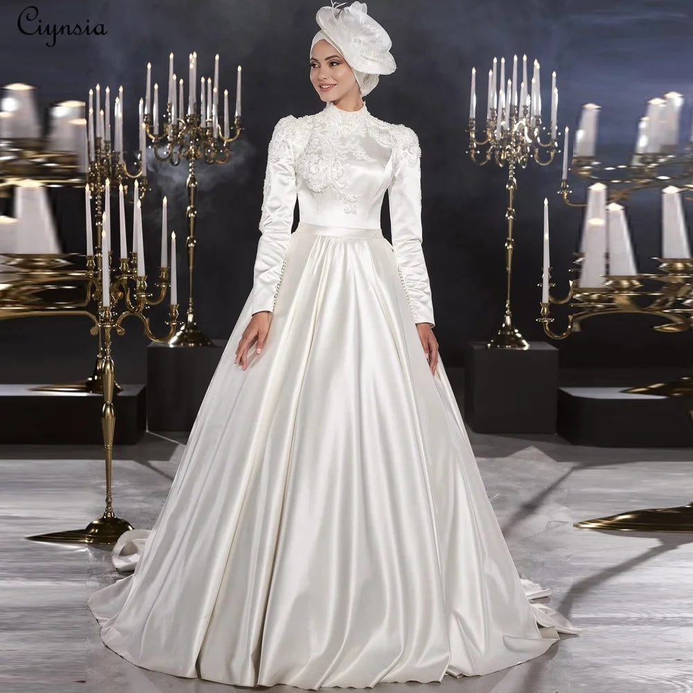 Luxury Satin Islamic Wedding Gown Ivory Muslim Bridal Dress for Bride Long Sleeves Appliques Beads Vestidos De Novia