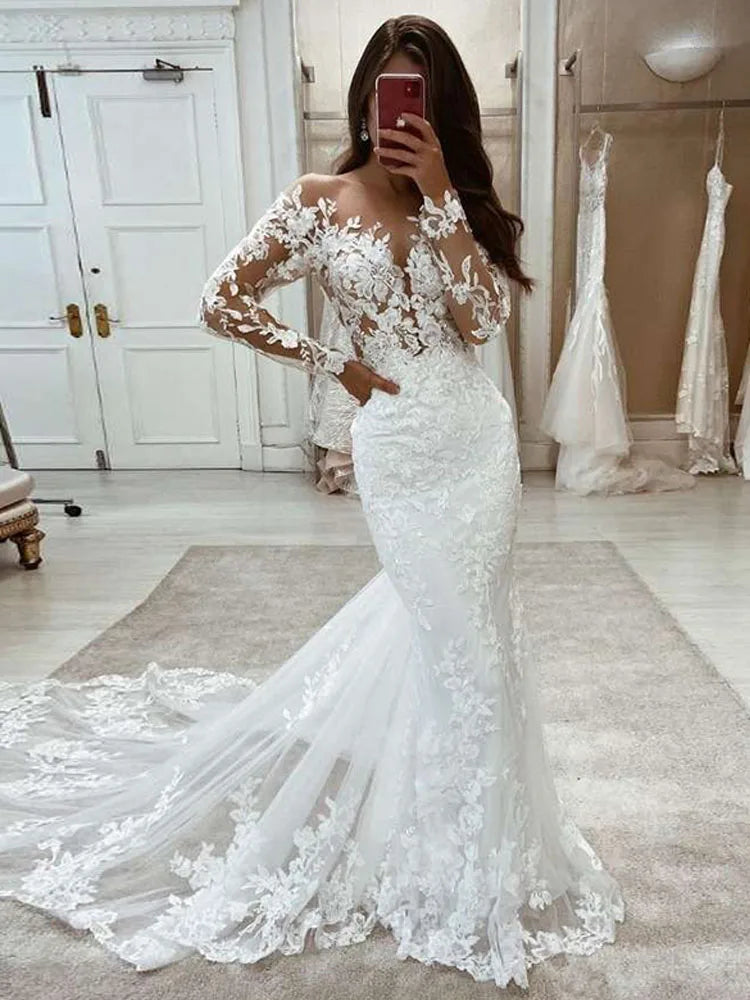 Boho Wedding Dresses Mermaid Lace Long Sleeves Wedding Gown Vintage White Ivory Custom Made Luxury Bridal Dress