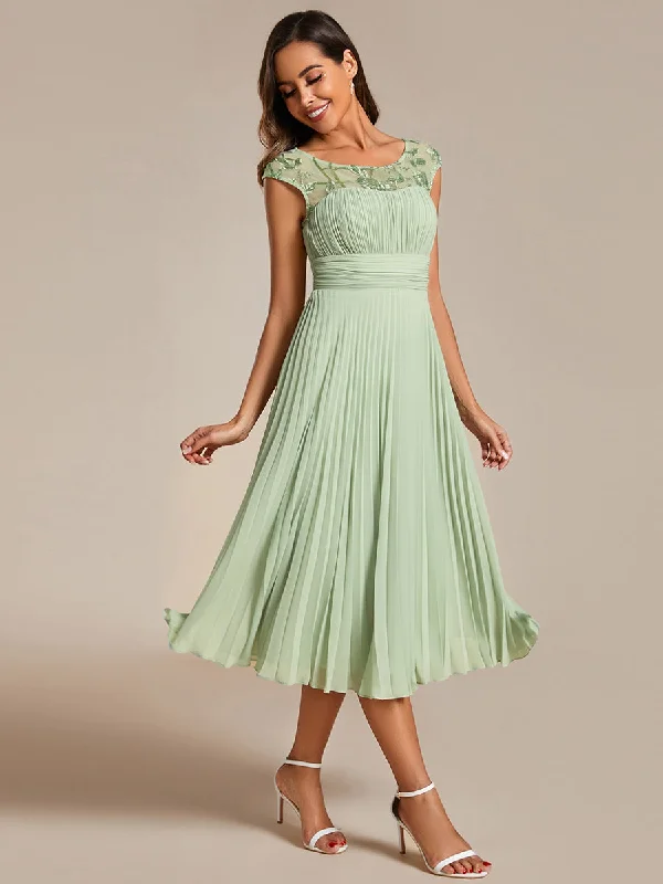 Embroidery Round Neck Tea Length Wedding Guest Dress With Raglan Sleeves