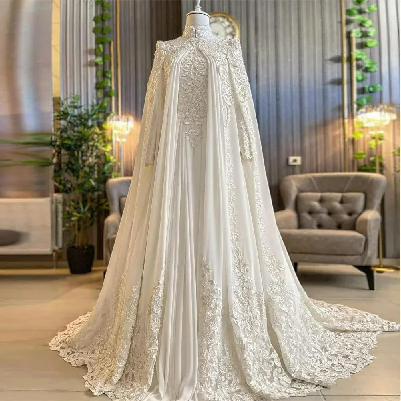 Chiffon Muslim Wedding Dresses with Cape Lace Appliques High Neck Arabic Dubai Long Sleeves Bridal Gowns Robe De Mariage