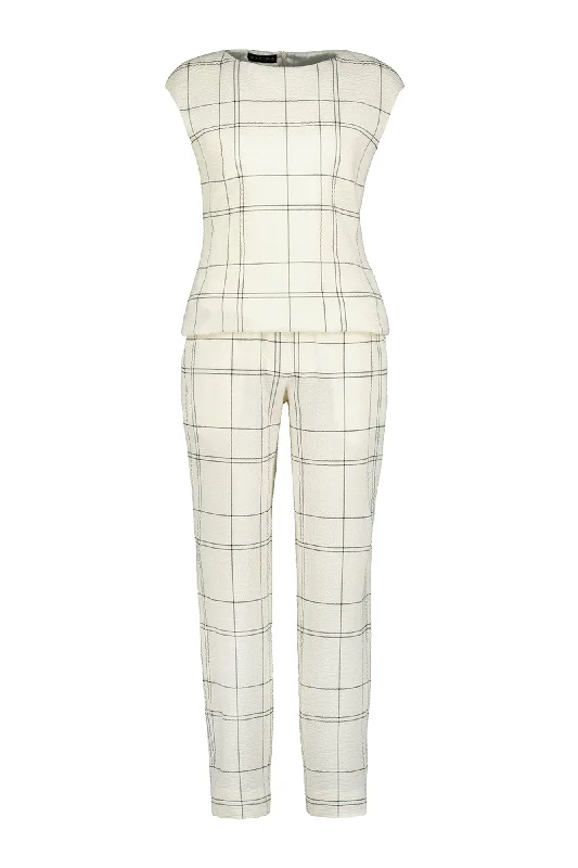 ABELIA IVORY PLAID WOOL SEERSUCKER JUMPSUIT