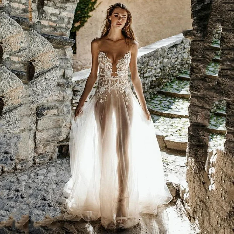 Sexy See Through Wedding Dress Scoop Neck Sleeveless Backless Bridal Gown Sweep Train Floor Length Vestido De Novia