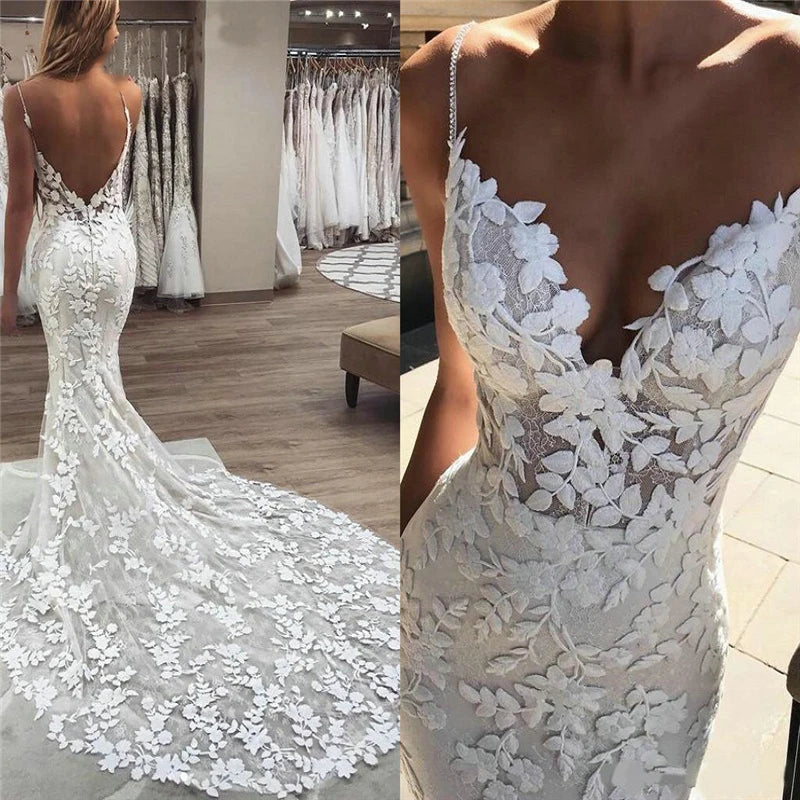 Boho Lace Appliques Wedding Dress Mermaid Bridal Dresses Spaghetti Straps Backless Beach Bridal Gowns Vestido De Noiva