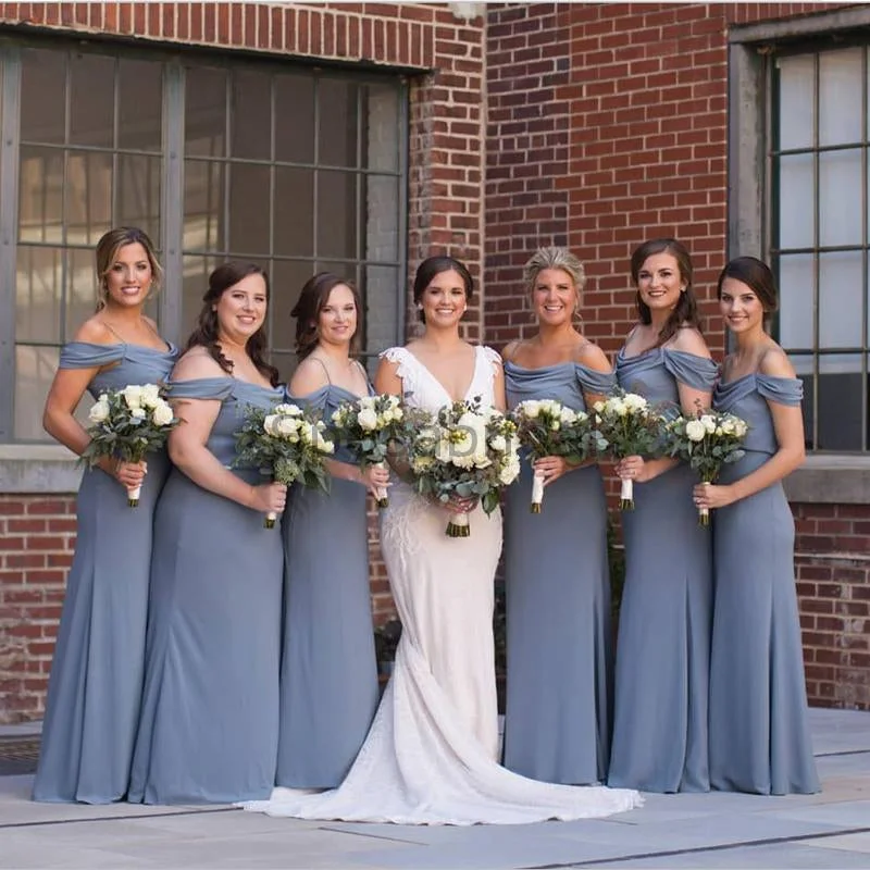 Dusty Blue Spaghetti Straps Off the Shoulder Simple Cheap Bridesmaid Dresses WG590