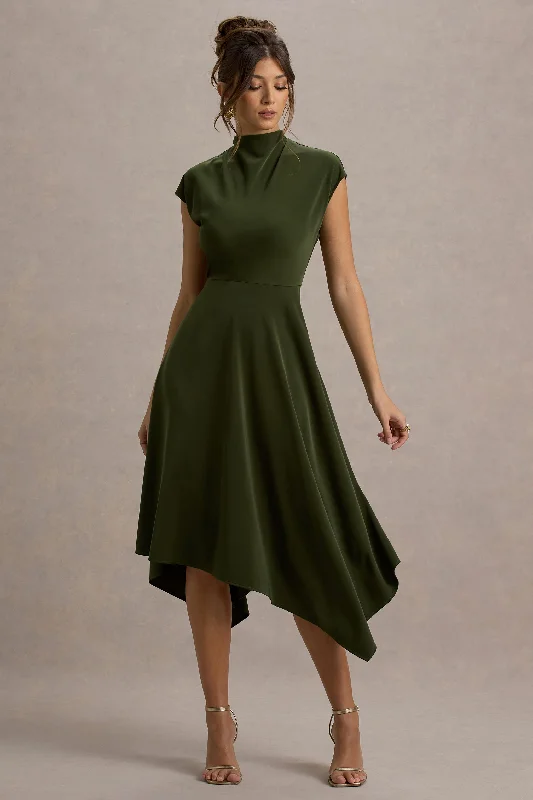 Velma | Olive Satin Midi Dress With Draped Hem