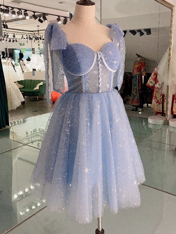 Lovely Midi Prom Dresses, Sky Blue Stars Prom Dresses 2021, Short Homecoming Dresses