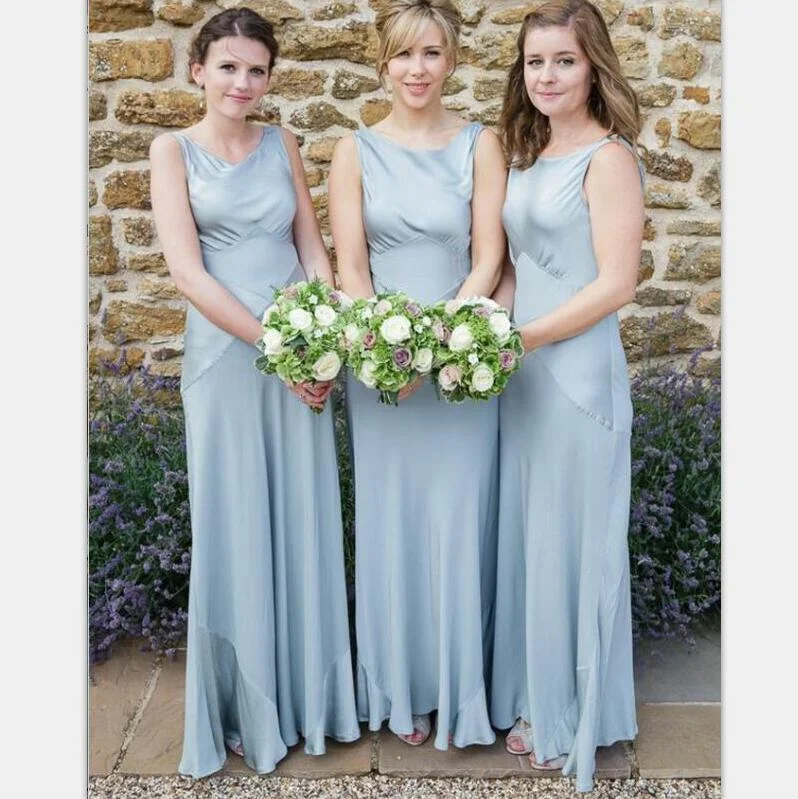 Long Light Blue A-Line Round Neck Sleeveless Bridesmaid Dresses, WG393