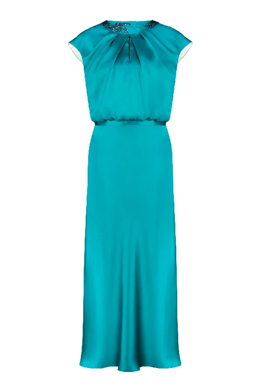 CLUSIA TEAL SILK SATIN MIDI DRESS WITH CRYSTAL EMBELLISHED NECKLINE