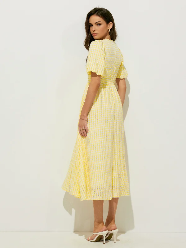 Plaid Pattern Puff Sleeve V-Neck Midi Dress