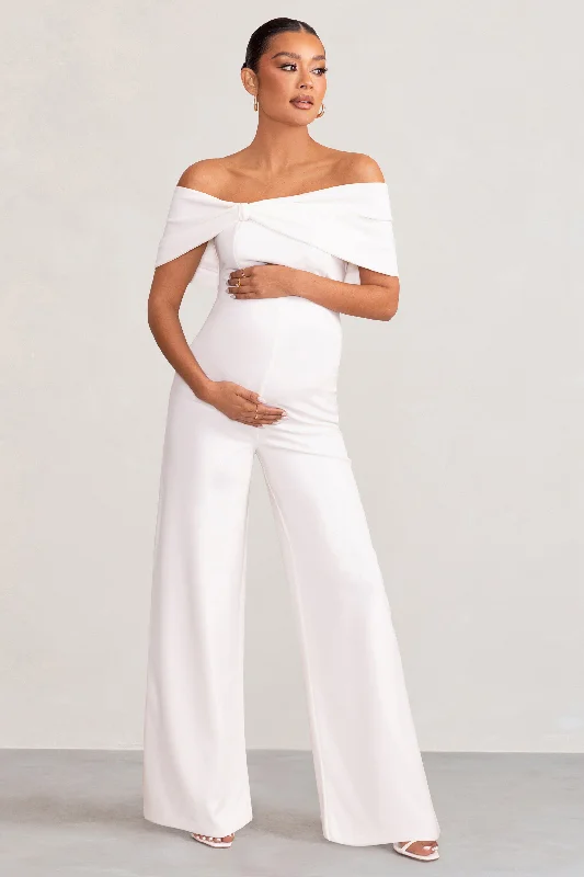 Meave | White Bardot Bow Maternity Jumpsuit