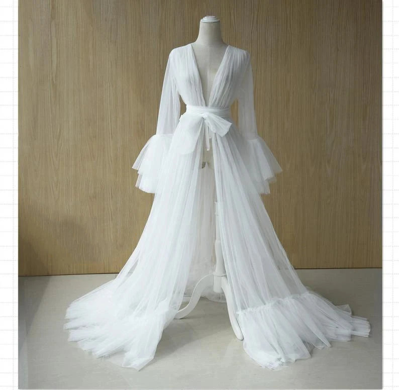 Custom Made White Tulle Robe Dress For Women Wedding Pajamas Gowns Bride Elegant Bride Bathrobe