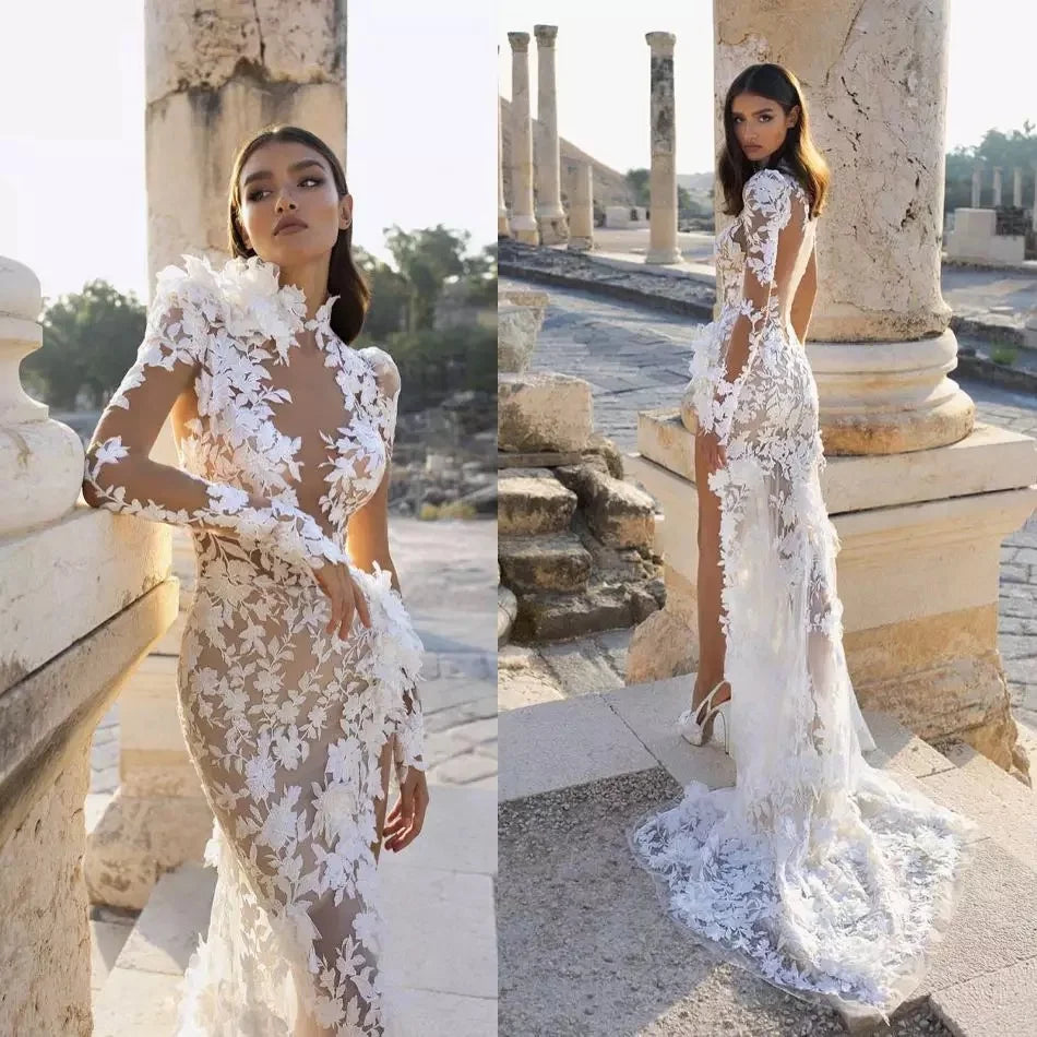 Robe De Mariee Sexy Mermaid Wedding Dress High Collar Side Slit Lace Appliques Long Sleeve Sweep Train Boho Bridal Gown