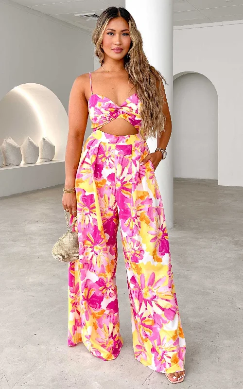 Waiting For You Wide Leg Jumpsuit - Pink Yellow Floral