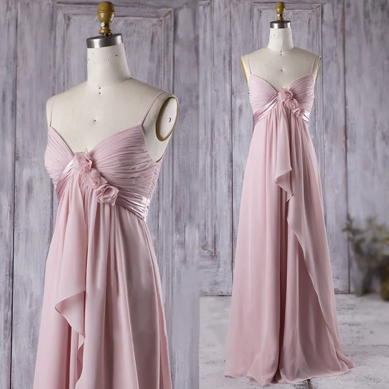 Dusty Pink Spaghetti Straps V-neck Rose Chiffon Pleats A-line Long Bridesmaid Dress, BD3226