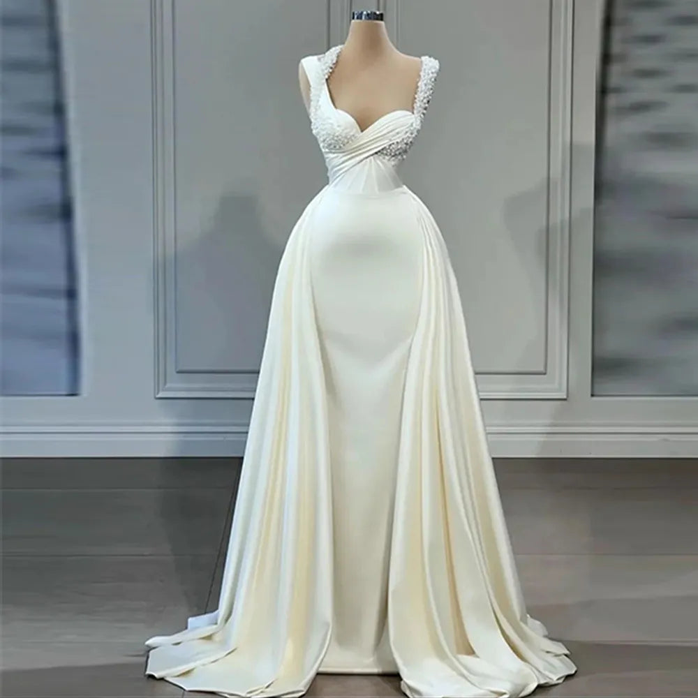 Simple Elegant Wedding Dresses For Woman Square Neck Satin Bridal Gown Sweep Train For Women Custom Made To Measure