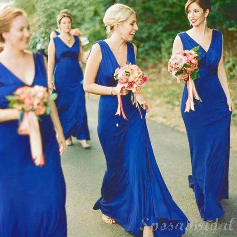 Blue Elegant  Formal Beautiful Spandex V-neck Neckline Floor Length Sheath  Bridesmaid Dresses WG561