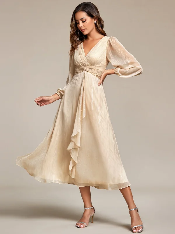 Shiny Chiffon Wholesale Wedding Guest Dresses with Long Sleeve