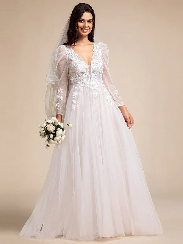 Exquisite V Neck Backless Long Sleeves Tulle Wedding Dresses with Applique Decoration