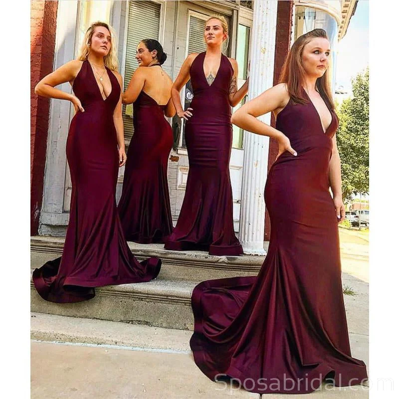 Charming Simple Elegant V neck Halter  Open Back  Long Satin Mermaid Bridesmaid Dresses, WG534