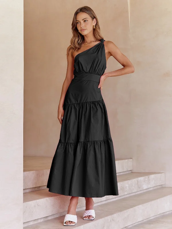 Asymmetric Shoulder Knotted Midi Dress