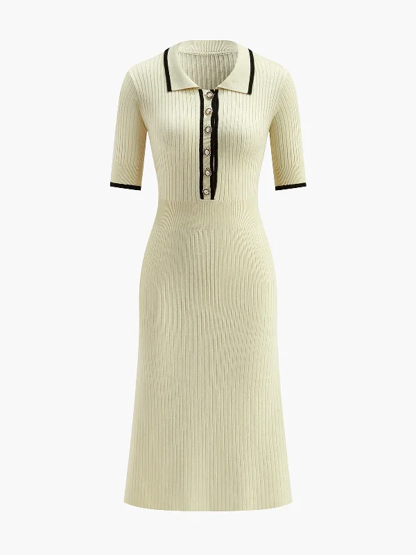 Contrast Trim Collared Rib Knit Short Sleeve Midi Dress