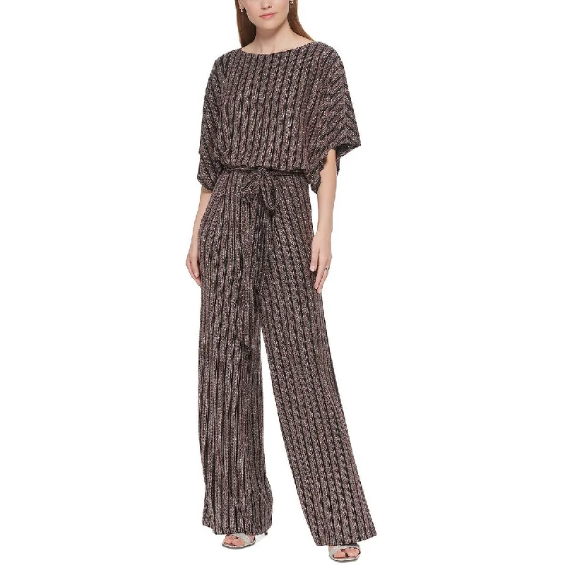 Petites Womens Knit Glitter Striped Jumpsuit